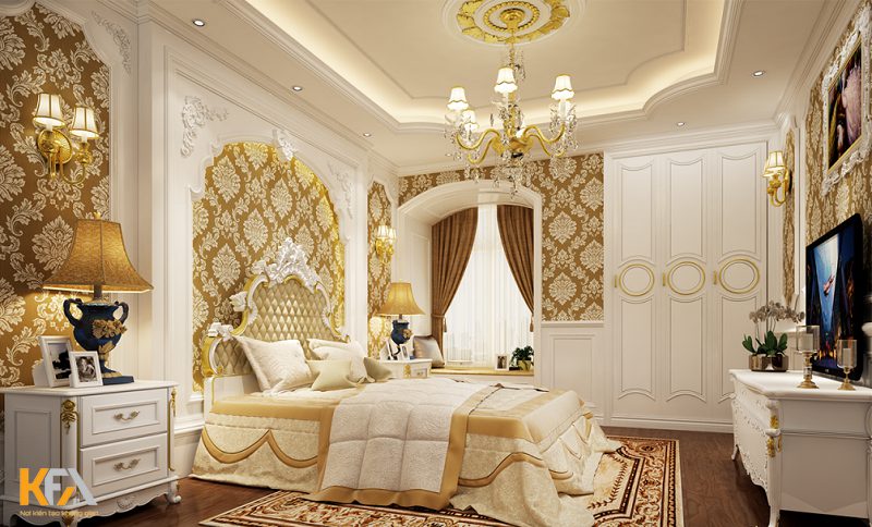 Thiết kế phòng ngủ khách sạn tân cổ điển tông màu vàng gold quý phái