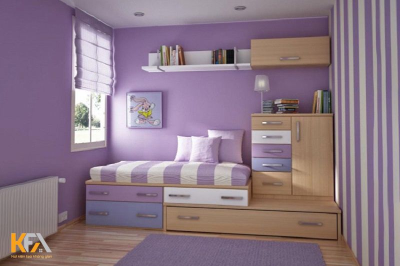 Mẫu thiết kế phòng ngủ 8m2 tận dụng đầy đủ ánh sáng với tông màu tím chủ đạo