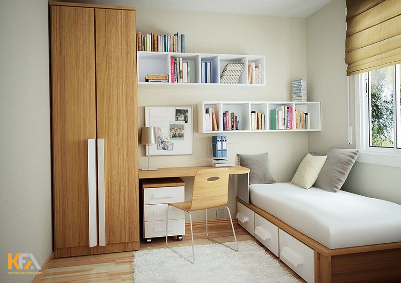 Phòng ngủ 11m2 thiết kế giường tích hợp ngăn kéo thông minh và tủ quần áo đặt âm tường
