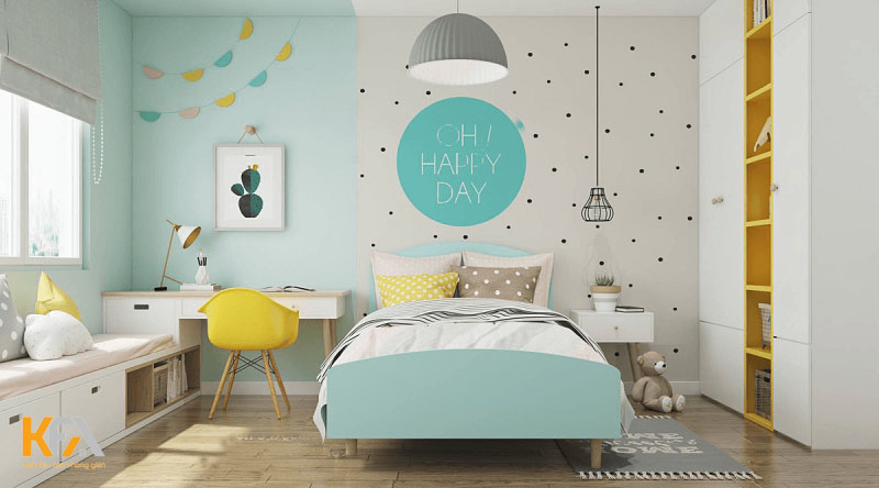 Căn phòng nhẹ nhàng và tinh tế với tone màu xanh pastel kết hợp phong cách decor ấn tượng