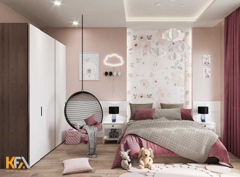 Phòng ngủ lấy cảm hứng từ tone màu hồng tím pastel nhẹ nhàng nhưng cũng đủ khiến bé thích thú