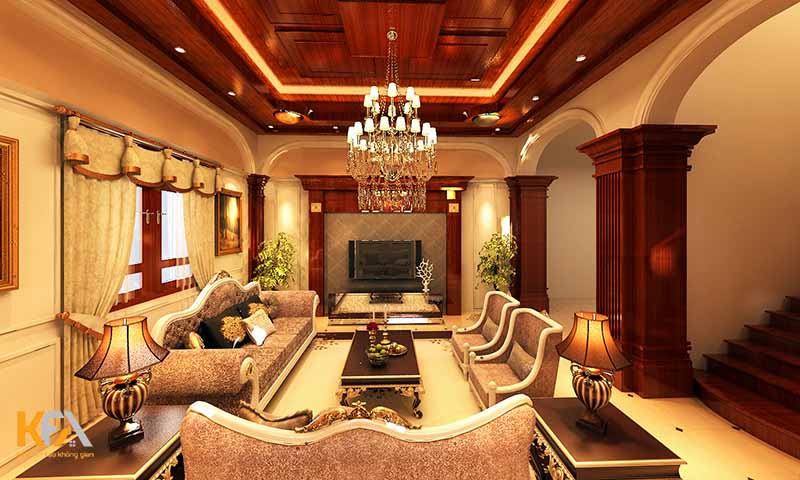 Thiết kế nội thất biệt thự cổ điển sử dụng tone đỏ quyến rũ, sang trọng cho không gian phòng khách