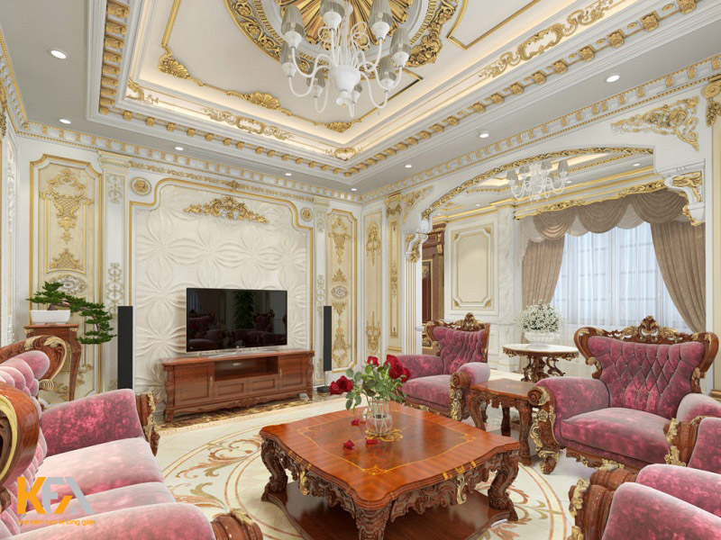 Gam màu trắng - vàng gold kết hợp ghế sofa màu hồng tím bọc nhung sang trọng, nổi bật