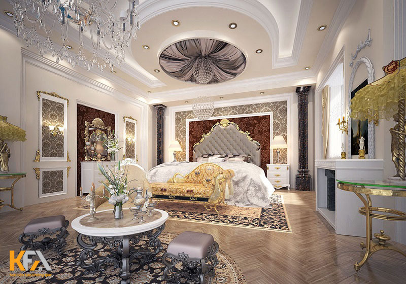 Phòng ngủ được thiết kế theo phong cách cổ điển, rộng rãi và thoáng đãng 