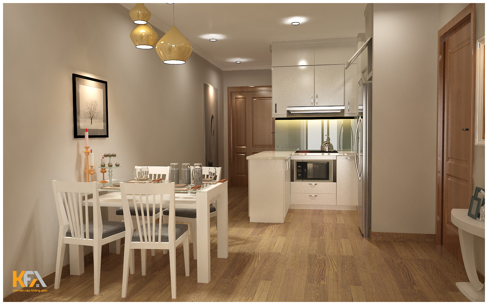 Phòng khách liền bếp là mô tuýp quen thuộc trong thiết kế nội thất căn hộ chung cư