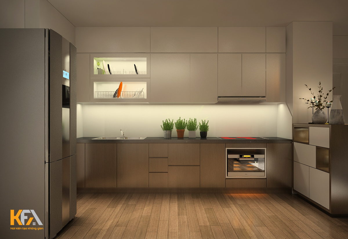 Nội thất phòng bếp được lựa chọn với tông màu nâu trầm sang trọng
