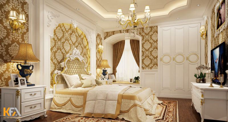 Với lối thiết kế trên, căn phòng đã trở nên vô cùng tinh tế khi được sử dụng tông màu vàng gold quý tộc Với lối thiết kế trên, căn phòng đã trở nên vô cùng tinh tế khi được sử dụng tông màu vàng gold quý tộc