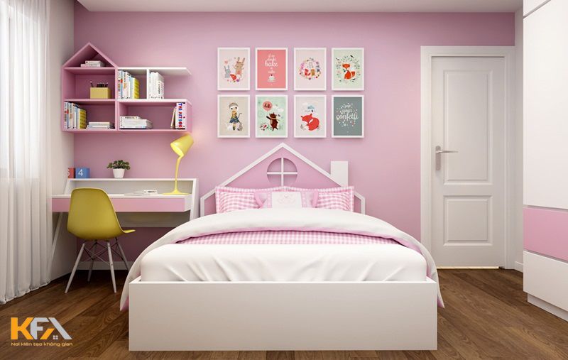 Tông màu trằng hồng luôn được ưu tiên trong thiết kế phòng ngủ bé gái