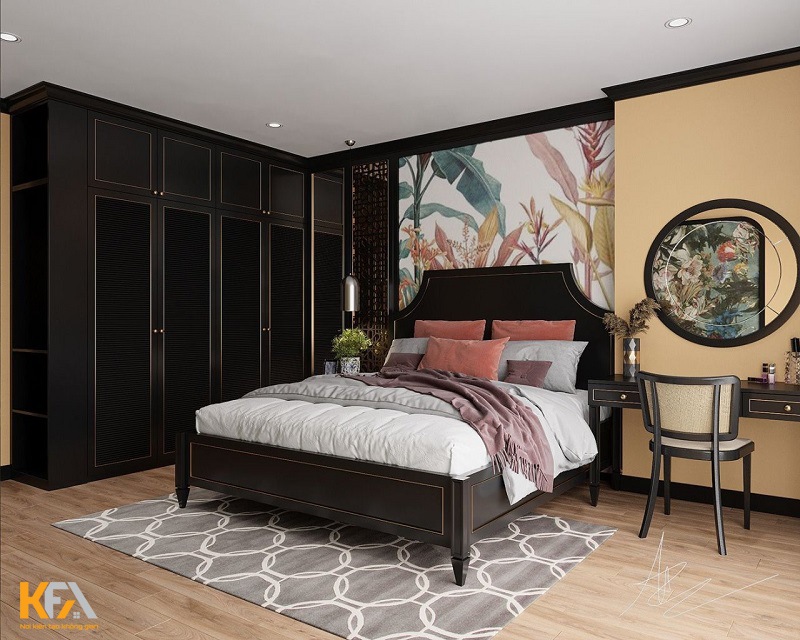 Phòng ngủ phong cách Đông Dương màu gỗ đen