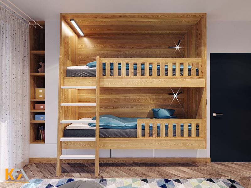 Thiết kế phòng ngủ cho hai bé trai với giường ngủ xếp tầng gỗ