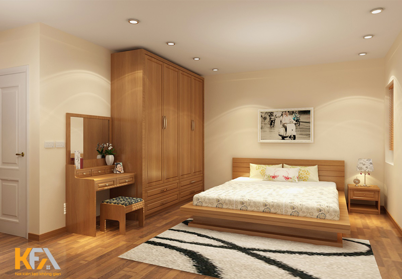 Phòng ngủ được thiết kế bằng chất liệu gỗ toát lên vẻ đẹp nhẹ nhàng