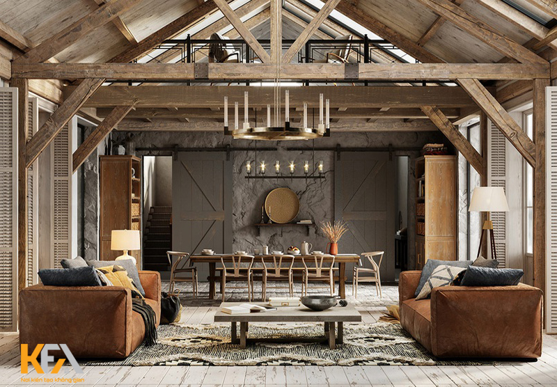 Phòng khách có thể sử dụng trần nhà thô bằng gỗ tự nhiên