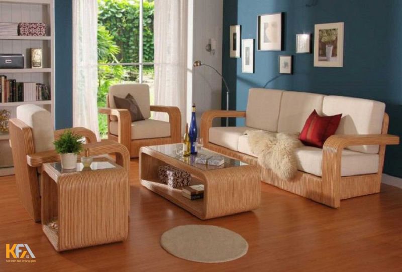 Bộ bàn ghế sofa được làm từ gỗ công nghiệp với chiếc bàn và đôn thiết kế cách điệu