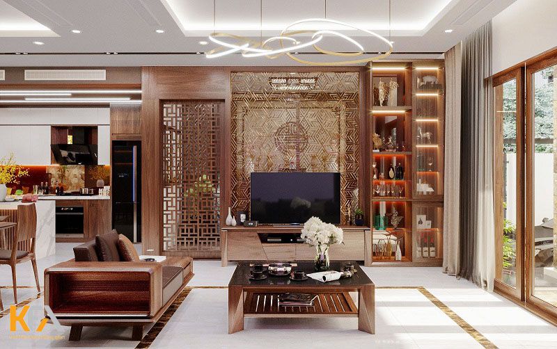 Không gian nội thất bằng gỗ kết hợp với chiếc đèn trùm thả trần tạo nên sự tinh tế và hiện đại Không gian nội thất bằng gỗ kết hợp với chiếc đèn trùm thả trần tạo nên sự tinh tế và hiện đại