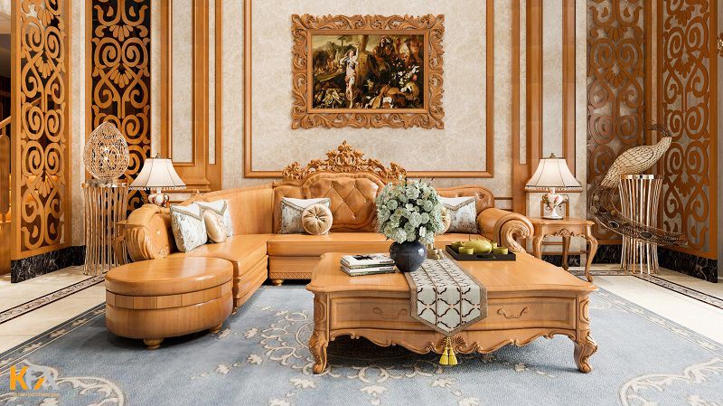 Nội thất phòng khách bằng gỗ tự nhiên phong cách tân cổ điển tráng lệ
