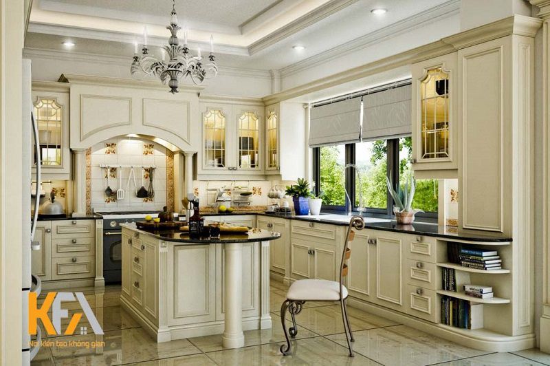 Phòng bếp biệt thự tân cổ điển nổi bật với nội thất màu trắng tươi sáng Phòng bếp biệt thự tân cổ điển nổi bật với nội thất màu trắng tươi sáng
