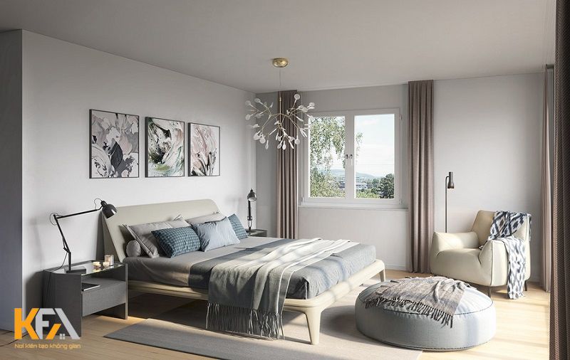 Phòng ngủ master tạo cảm giác thư giãn với màu ghi xám