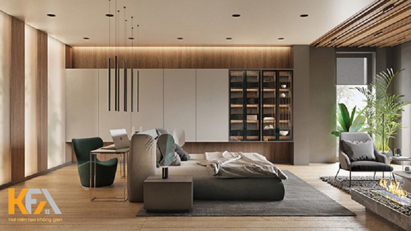 Phòng ngủ master 30m2 này kết hợp một bàn làm việc tại nhà sau đầu giường hiện đại Phòng ngủ master 30m2 này kết hợp một bàn làm việc tại nhà sau đầu giường hiện đại