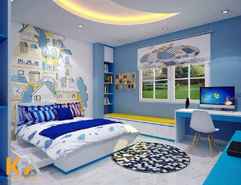 Mẫu thiết kế nội thất phòng ngủ cho bé trai với tone màu xanh của biển cả Mẫu thiết kế nội thất phòng ngủ cho bé trai với tone màu xanh của biển cả