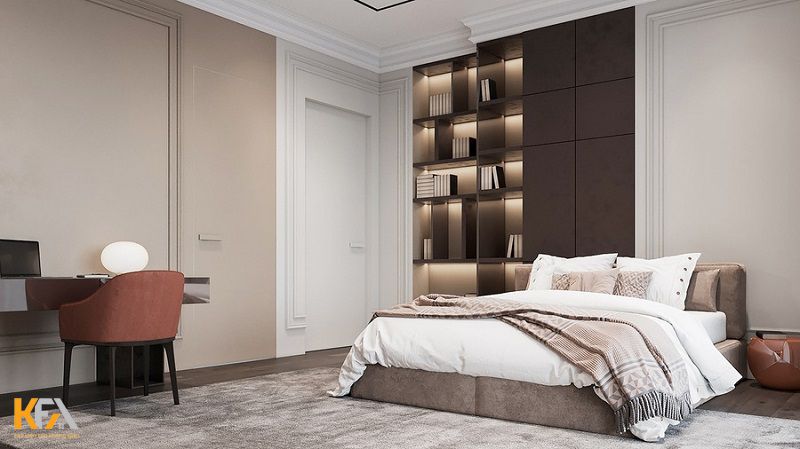 Phòng ngủ master 30m2 thêm cuốn hút hơn với kệ sách âm tường
