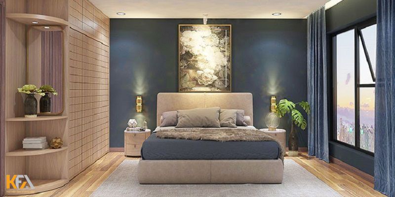 Mẫu phòng ngủ master 30m2 phong cách tối giản với tông màu xanh ghi ấn tượng
