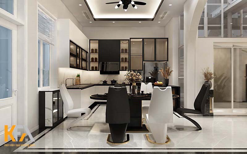 Phòng bếp biệt thự được thiết kế với gam màu trắng nâu làm chủ đạo tạo sự tinh tế cho không gian