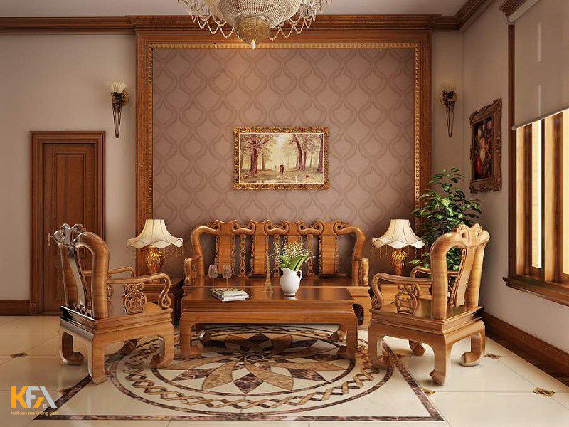 Phòng khách làm từ gỗ giả cổ tạo điểm nhấn ấn tượng cho không gian