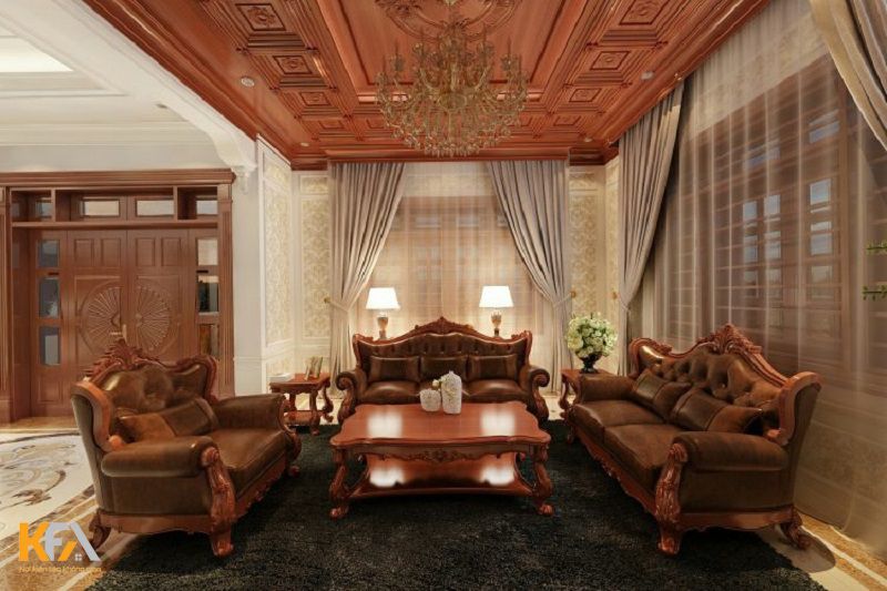 Không gian phòng khách biệt thự tân cổ điển đẳng cấp hơn khi được tô điểm thêm trần nhà gỗ tự nhiên cao cấp