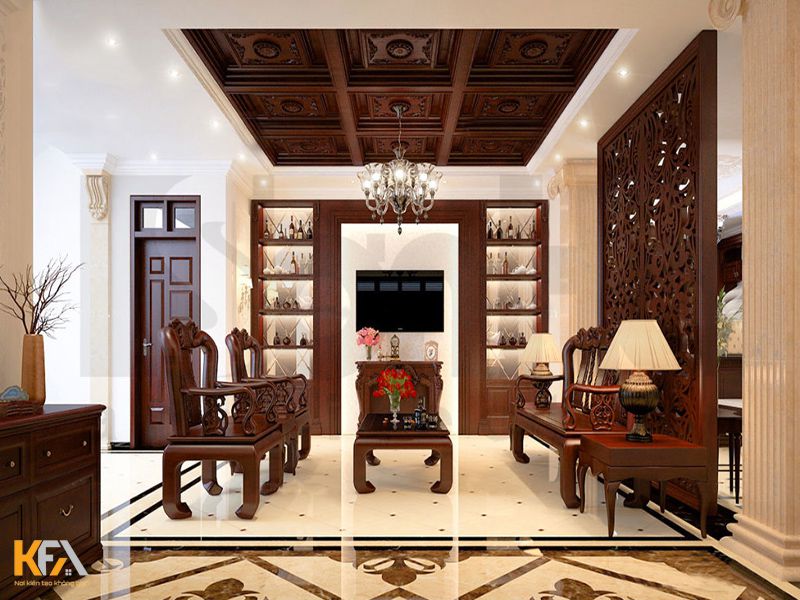Thiết kế phòng khách phong cách tân cổ điển nhẹ nhàng, lịch lãm với nội thất bằng gỗ xoan đào
