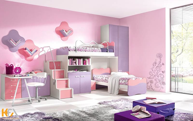 Thiết kế phòng ngủ với giường tầng dành cho 2 bé gái