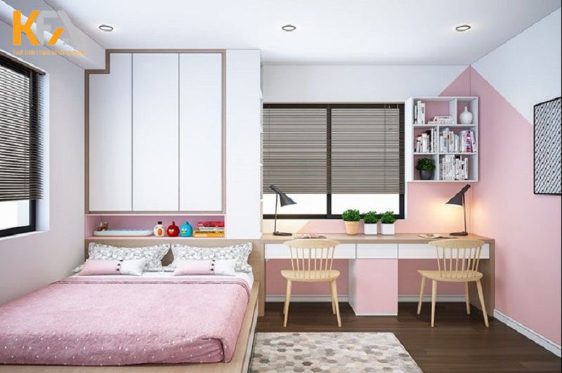 Phòng ngủ bé gái được kết hợp cùng giá sách phù hợp cho bé từ 10 tuổi trở lên Phòng ngủ bé gái được kết hợp cùng giá sách phù hợp cho bé từ 10 tuổi trở lên