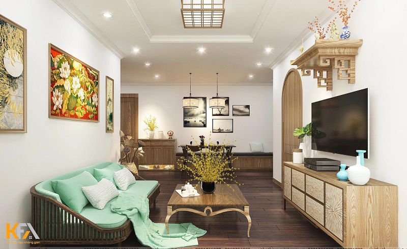 Toàn bộ không gian phòng khách sử dụng gỗ sồi tự nhiên để đảm bảo được sự đồng bộ của căn hộ