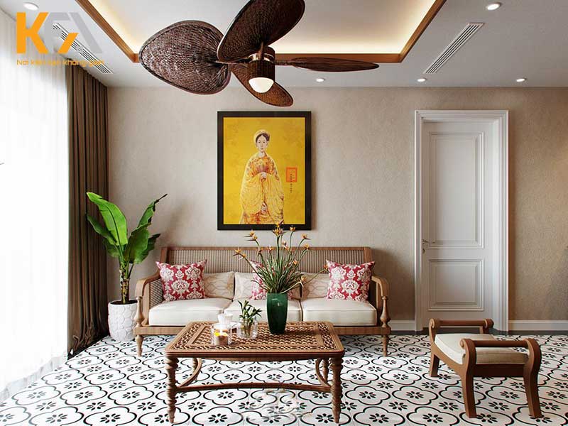 Mẫu thiết kế nội thất phòng khách với phong cách Indochine kết hợp nét đẹp hiện đại