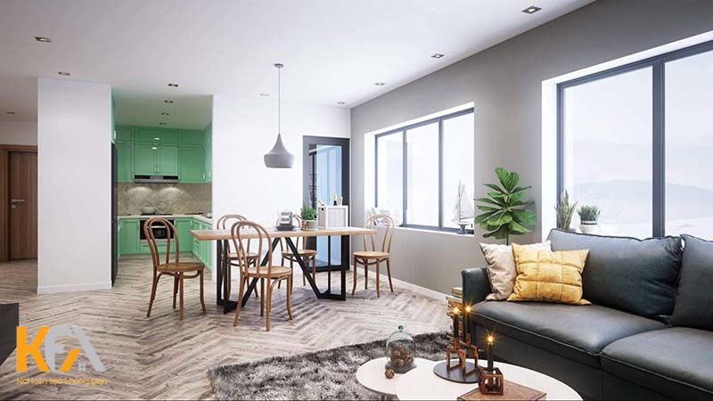 Phòng khách và phòng bếp liền kề ngăn cách bởi khoảng trống nhỏ Phòng khách và phòng bếp liền kề ngăn cách bởi khoảng trống nhỏ
