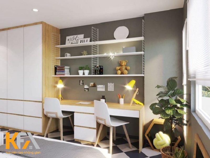 Căn phòng của bé gái trở nên nổi bật với bức tường màu ghi xám kết hợp giá sách Căn phòng của bé gái trở nên nổi bật với bức tường màu ghi xám kết hợp giá sách