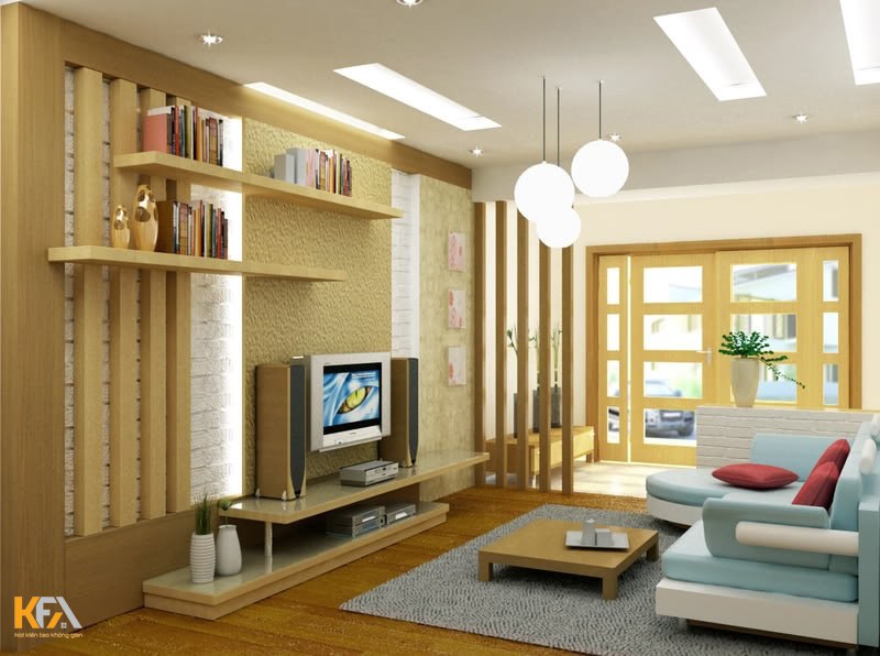 Thiết kế phòng khách kết hợp hài hòa giữa màu gỗ nhạt và màu xanh pastel Thiết kế phòng khách kết hợp hài hòa giữa màu gỗ nhạt và màu xanh pastel