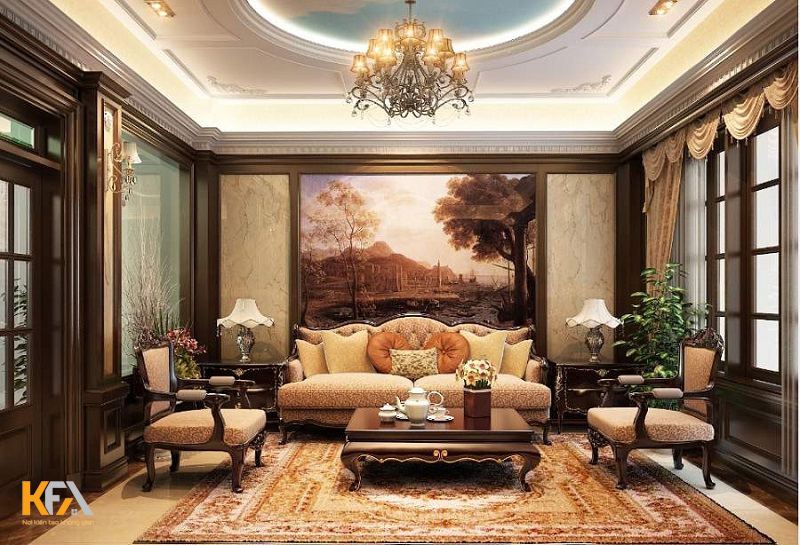 Thiết kế phòng khách bằng đồ gỗ giả cổ đầy tính vương giả, sang trọng Thiết kế phòng khách bằng đồ gỗ giả cổ đầy tính vương giả, sang trọng