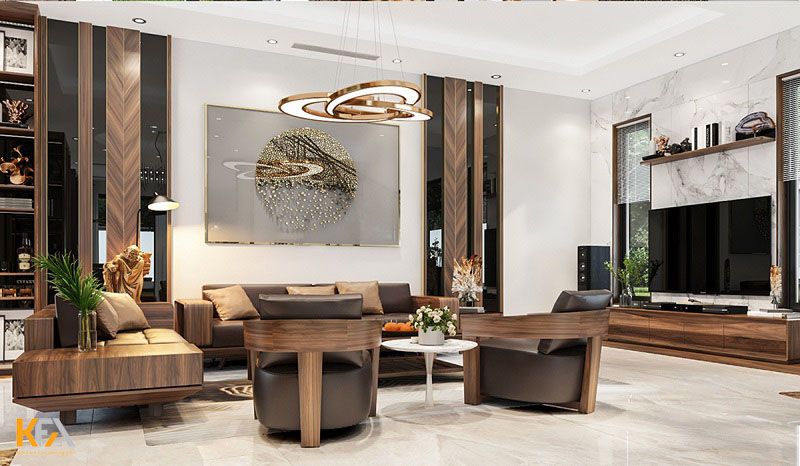 Thay vì chọn một bộ bàn ghế hoàn toàn bằng gỗ thì gia chủ lại lựa chọn chiếc sofa gỗ bọc nệm lót hiện đại Thay vì chọn một bộ bàn ghế hoàn toàn bằng gỗ thì gia chủ lại lựa chọn chiếc sofa gỗ bọc nệm lót hiện đại