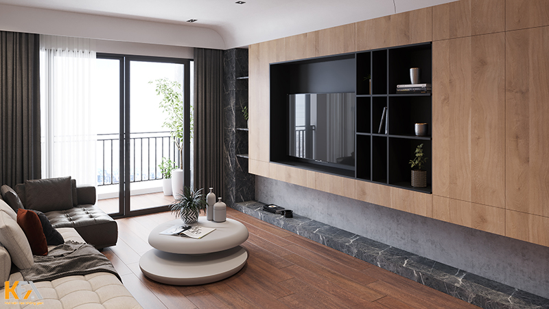 Không gian phòng khách được thiết kế với tủ kệ tivi 3 lớp đầy ấn tượng