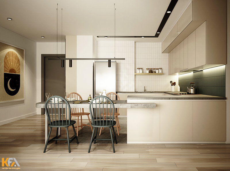 Không gian bếp được hiện lên với đầy nét cá tính chỉ bằng những đường nét thiết kế rất đơn giản màu sắc nhẹ nhàng