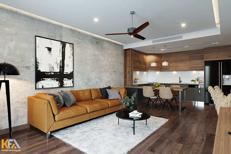 Thiết kế không gian nội thất hiện đại với phòng khách liên thông phòng bếp