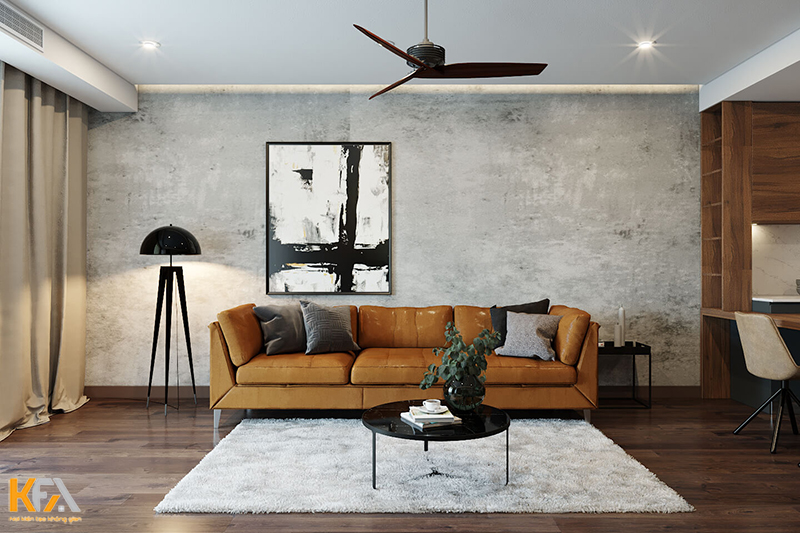 Thiết kế không gian phòng khách đơn giản với bộ sofa chữa I màu vàng cam nổi bật