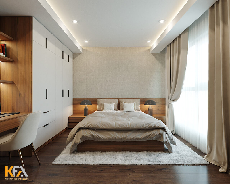 Thiết kế phòng ngủ master với cửa kính ban công lớn giúp căn phòng thoáng rộng, thoải mái