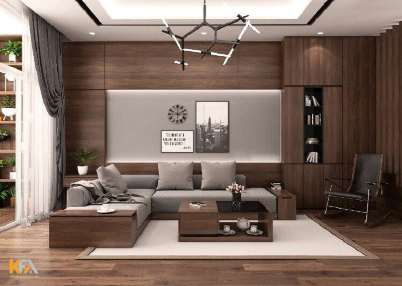 Trang trí phòng khách với tường ốp gỗ hiện đại