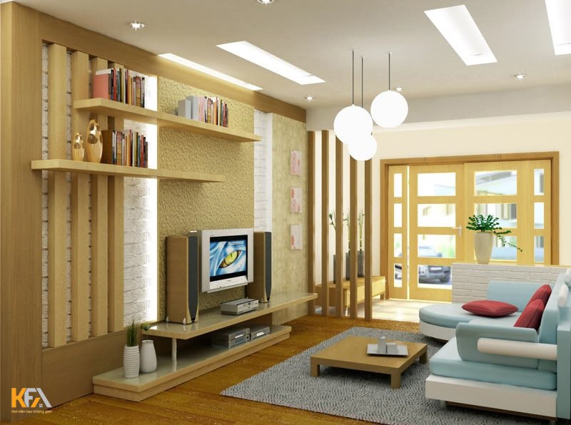 Thiết kế phòng khách nhà ống kết hợp hài hòa giữa màu gỗ nhạt và màu xanh ngọc