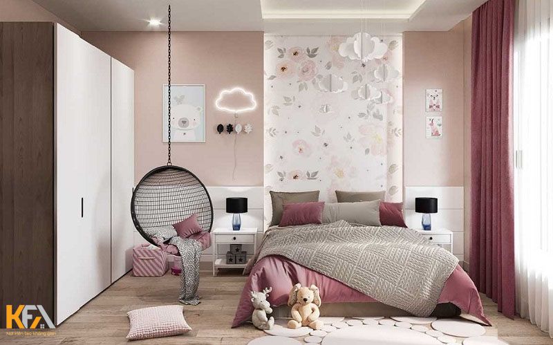 Phòng ngủ bé gái 8 tuổi với màu hồng pastel