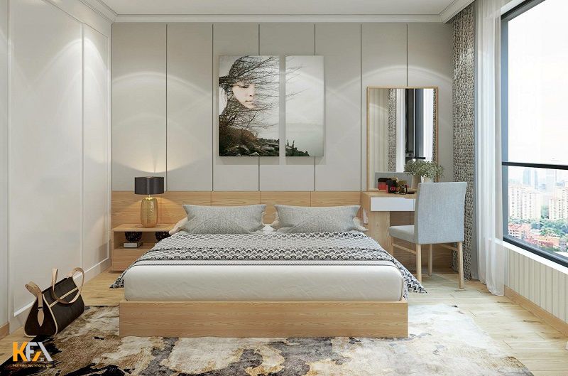 Phòng ngủ nội thất gỗ công nghiệp màu sáng kết hợp với gam màu trắng hài hòa, bắt mắt