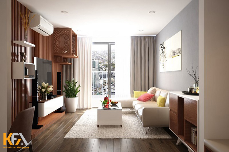 Thiết kế nội thất phòng khách chung cư bằng gỗ cao cấp