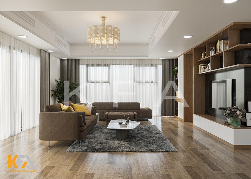 Chất liệu gỗ cao cấp kết hợp với sofa da lộn toát lên sự sang trọng cho không gian phòng khách