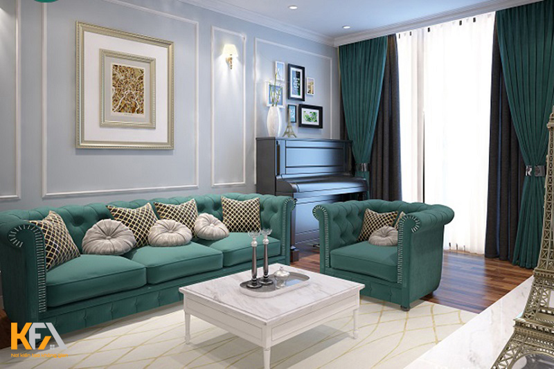 Phòng khách chung cư tân cổ điển với màu xanh ấn tượng